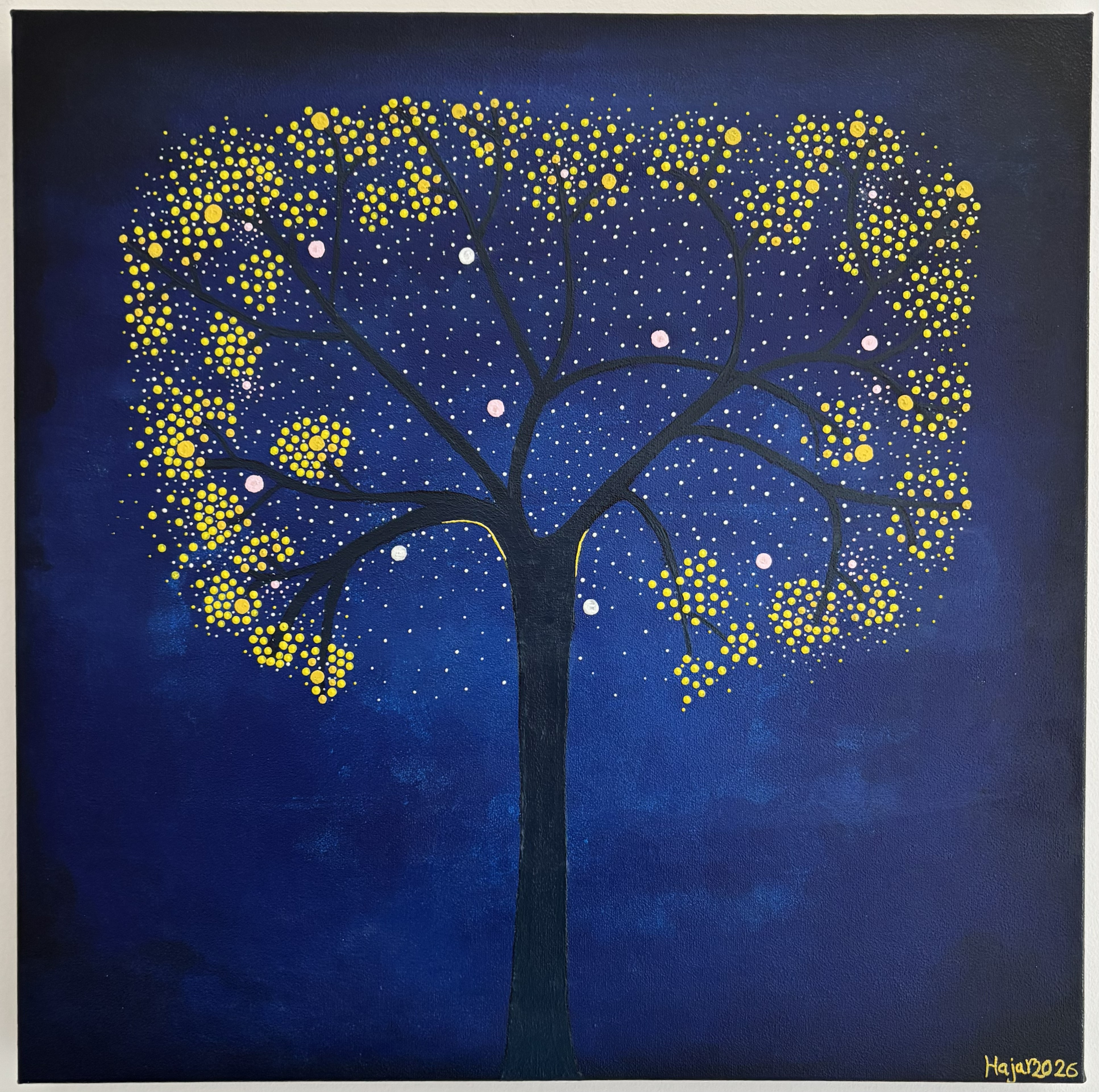 Midnight Bloom - solitary tree with glowing yellow dots against a deep blue night sky